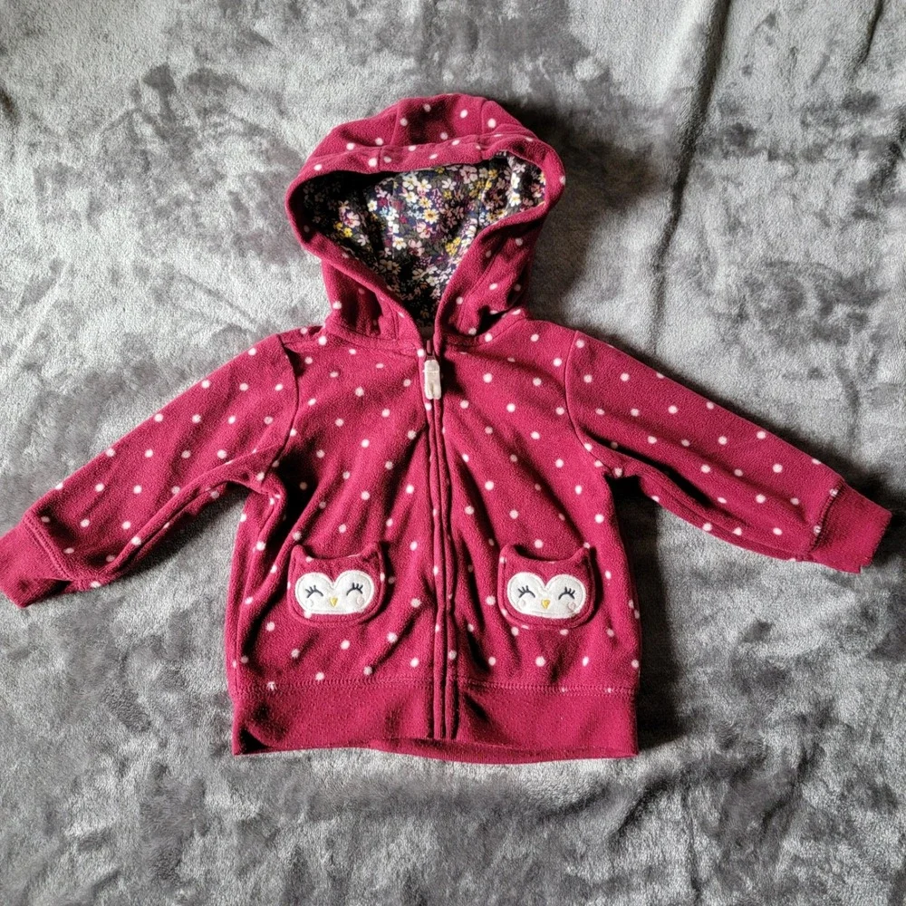 Carter's Fleece Hoodie Baby 6M Pink Excellent Polka Dot Owl Pockets Zip Up 737